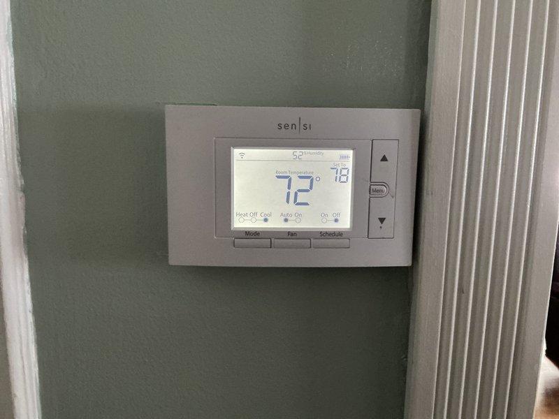 Completed scheduled preventative maintenance on residential air conditioning system. Inspected outdoor condensing unit, verified proper operation, checked thermostat functionality with system maintaining 72°F room temperature, and confirmed all components operating within normal parameters.