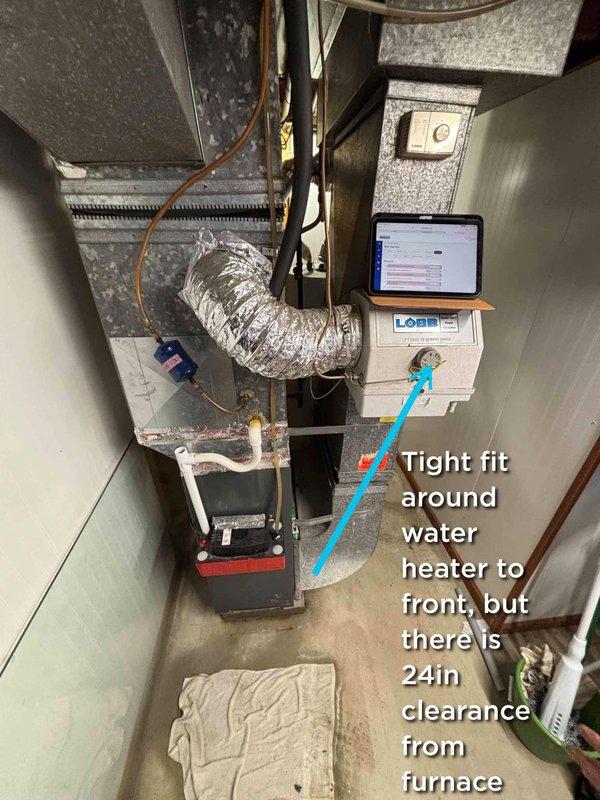 Completed comprehensive HVAC estimate for full system replacement in confined mechanical room with limited clearance around existing water heater. Documented existing furnace installation, ductwork configuration, refrigerant line routing, and electrical panel capacity to develop accurate replacement specifications for new system installation.