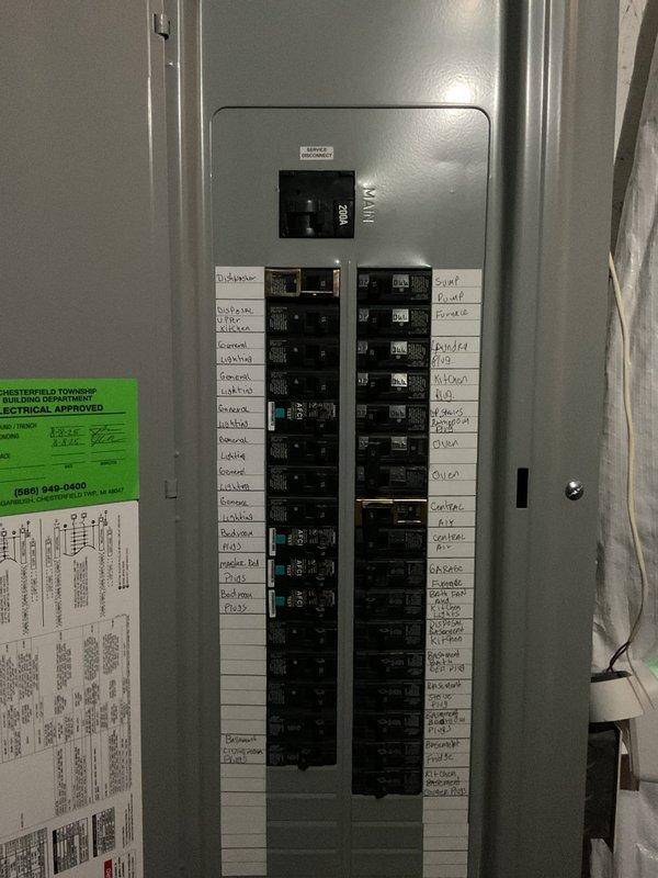 Completed comprehensive whole home electrical inspection on 22-year-old residential property. Performed thorough evaluation of main electrical panel, verifying proper circuit breaker operation, labeling accuracy, and panel condition. Inspected all visible wiring connections, including service entrance conductors and branch circuit cables. Verified proper installation of electrical components in basement utility area, examined wire routing from panel to distribution points, and assessed condition of electrical infrastructure throughout accessible areas. Documented panel configuration showing proper circuit identification for all breakers serving major appliances, lighting circuits, and general receptacles. Confirmed electrical system compliance with current safety standards. All circuits functioning properly with no deficiencies identified during inspection. Photographed panel interior and surrounding installation for service records.