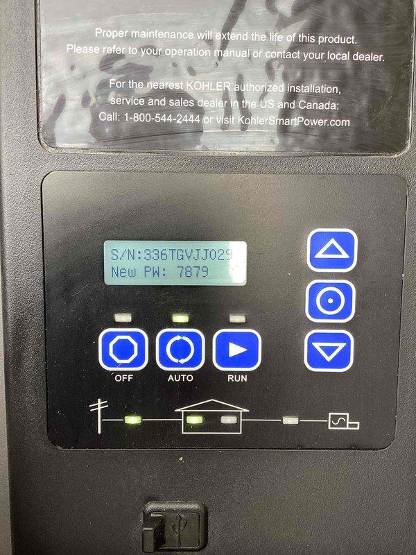 Performed electrical maintenance on a Kohler 14kW standby generator. Delivered and supplied bring kit components for Code compliance. Unit control panel displaying proper serial number and updated firmware version 7879, with all operational modes (OFF/AUTO/RUN) functioning correctly and indicator lights operational.