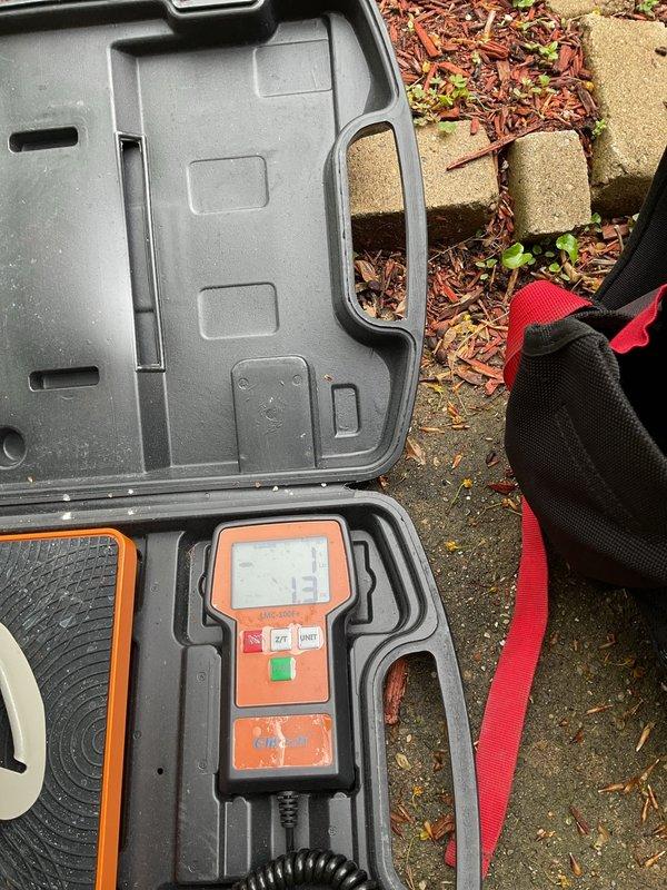 Performed annual cooling maintenance on residential air conditioning system. Used digital manifold gauges to measure system pressures and temperatures, recording suction side temperature of 35.7°F and discharge side temperature of 92°F, with superheat and subcool readings within normal operating parameters. Inspected condenser coil fins, which were found to be in good condition with proper spacing and no visible damage or blockage.