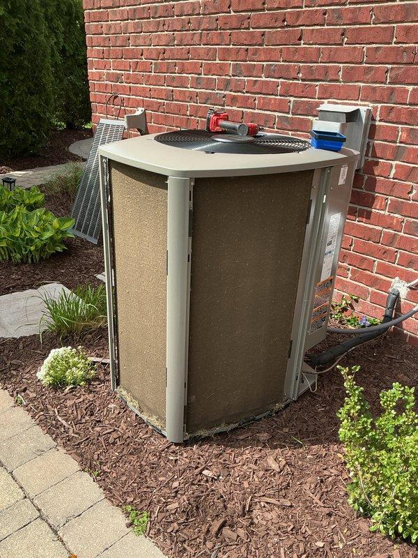 Completed annual cooling maintenance on residential outdoor condensing unit. Performed comprehensive system inspection, cleaned condenser coils, checked refrigerant levels and electrical connections, verified proper airflow through fan assembly, and confirmed unit operational parameters within manufacturer specifications.