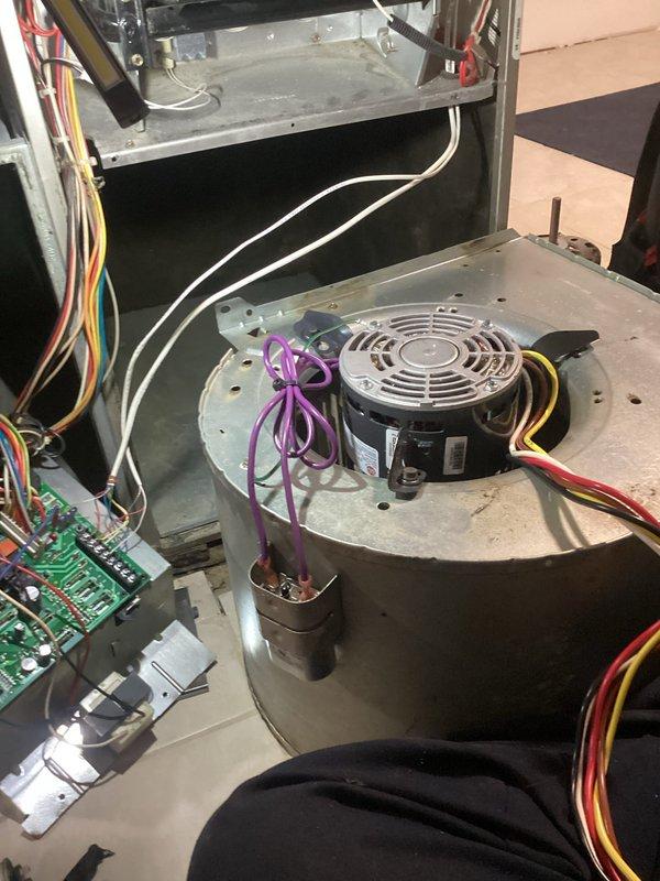 Responded to no heat call on forced air furnace system. Upon arrival, confirmed furnace was firing and heating but blower motor was not operating. Inspected blower assembly and found heavily soiled air filter with significant dust and debris accumulation restricting airflow. Checked blower motor, capacitor, and electrical connections - all components tested within normal operating parameters. Replaced extremely dirty pleated air filter with new filter. Verified blower motor operation and proper airflow through system. Cycled unit through complete heating cycle to confirm normal operation. System now heating properly with blower functioning as designed.