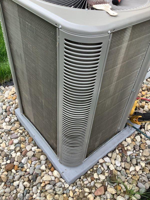 Completed scheduled Air Care Heating and Cooling maintenance on residential HVAC system. Performed comprehensive inspection of outdoor condenser unit, verified proper operation of fan assembly, checked refrigerant levels, cleaned coils and ventilation louvers, and confirmed unit integrity with no visible damage or deterioration noted.