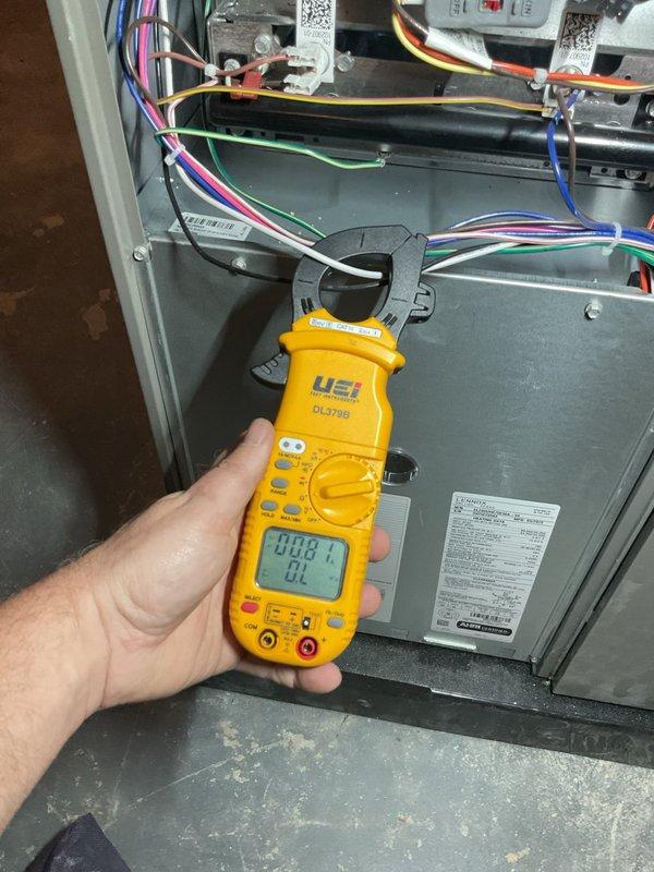 Completed scheduled preventive maintenance on air handler unit. Performed electrical diagnostics using digital clamp meter to verify proper amperage draw and system performance. Inspected all wiring connections, terminal blocks, and electrical components for secure connections and proper operation. All systems tested and operating within normal parameters.