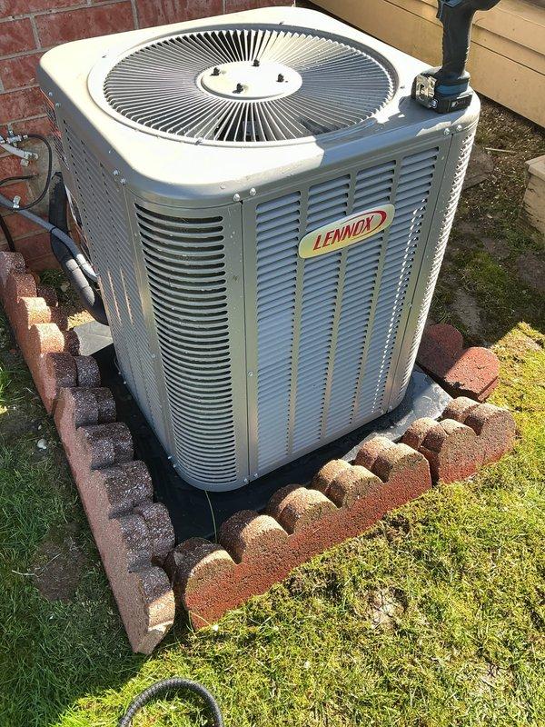 Completed recurring ACM service on Lennox outdoor condensing unit. Replaced air filter and evaporator pad as needed, inspected refrigerant lines and connections, verified proper unit operation and airflow through louvered panels.