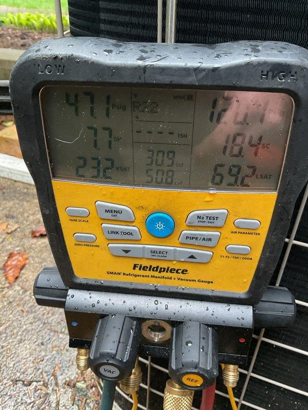 Completed annual cooling maintenance on rooftop zone system. Performed comprehensive system inspection including refrigerant pressure and temperature readings using digital manifold gauges, which confirmed proper charge levels and system operation within manufacturer specifications. Inspected outdoor unit installation, exterior conduit routing, and electrical connections. All components found operating normally with no deficiencies noted.