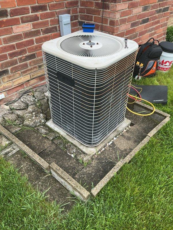 Completed annual cooling maintenance on residential air conditioning system. Performed comprehensive inspection of outdoor condensing unit, checked refrigerant levels using manifold gauges, verified proper operation of condenser fan motor and compressor, cleaned condenser coils, and confirmed electrical connections were secure. Unit operating within normal parameters at time of service completion.