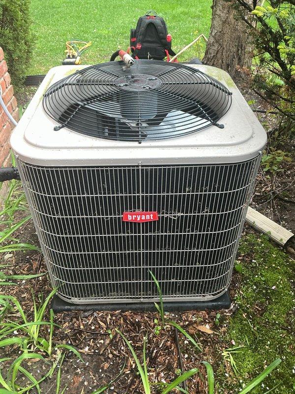 Completed annual cooling maintenance on Bryant outdoor condenser unit. Performed comprehensive system inspection, verified proper operation of compressor and condenser fan motor, cleaned condenser coils, checked refrigerant levels and electrical connections, and confirmed unit is operating within manufacturer specifications. System tested and left in good working condition with no issues identified.