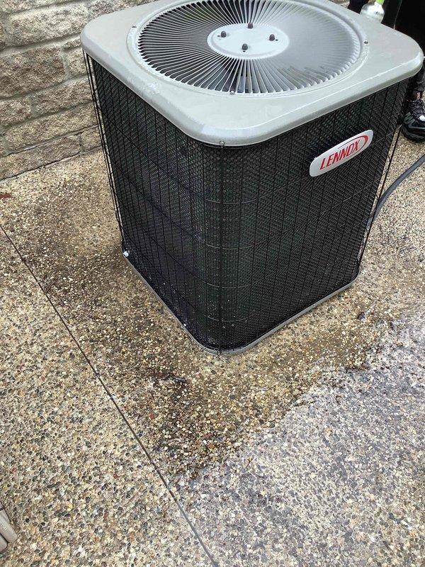 Completed annual cooling maintenance on Lennox outdoor condenser unit. Performed comprehensive inspection of unit components, verified fan operation and grille condition, confirmed proper placement on concrete pad, and documented equipment in good working condition with no visible damage or wear requiring immediate attention.