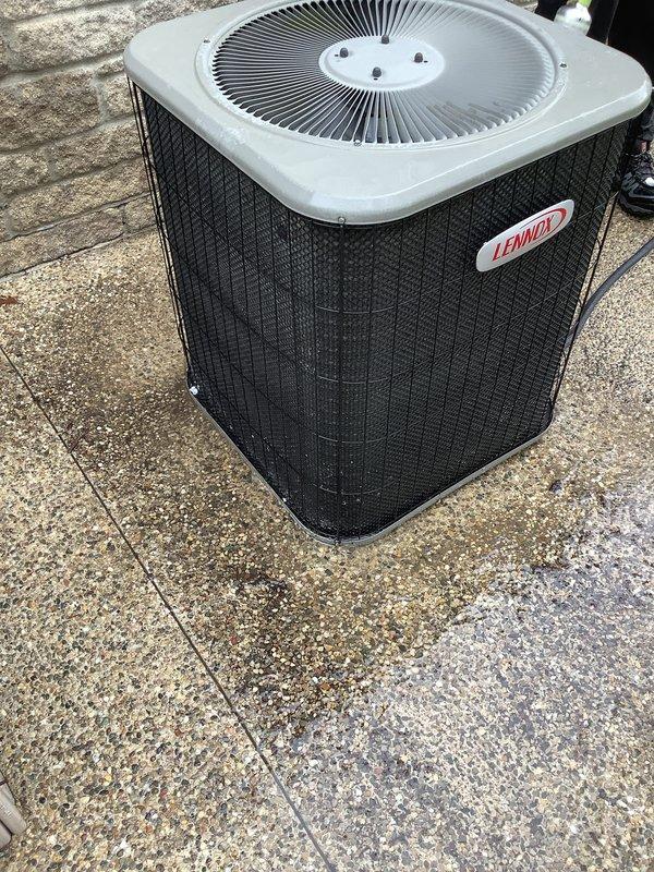 Completed annual cooling maintenance on Lennox outdoor condenser unit. Performed comprehensive inspection of unit components, verified fan operation and grille condition, confirmed proper placement on concrete pad, and documented equipment in good working condition with no visible damage or wear requiring immediate attention.