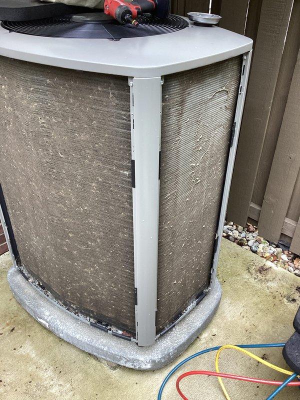 Completed annual Air Care Maintenance on residential HVAC system. Performed comprehensive inspection of indoor and outdoor equipment, including electrical connections, refrigerant lines, and condensing unit. Noted filter replacement required and documented equipment condition with photos for service records.