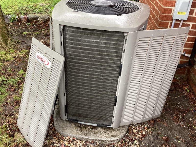 Completed annual heating and cooling maintenance on Lennox residential system. Performed comprehensive inspection of outdoor condenser unit, accessed internal components, inspected heat exchanger coils and fan assembly, and documented equipment condition with photos per maintenance protocol.