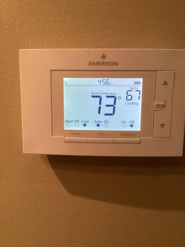 Completed routine Air Care Maintenance on cooling system. Installed new MERV 11 filter as needed, verified thermostat operation showing 73°F room temperature with system in cooling mode, and performed diagnostic testing with manifold gauges confirming proper refrigerant pressures and temperatures. System operating within normal parameters.
