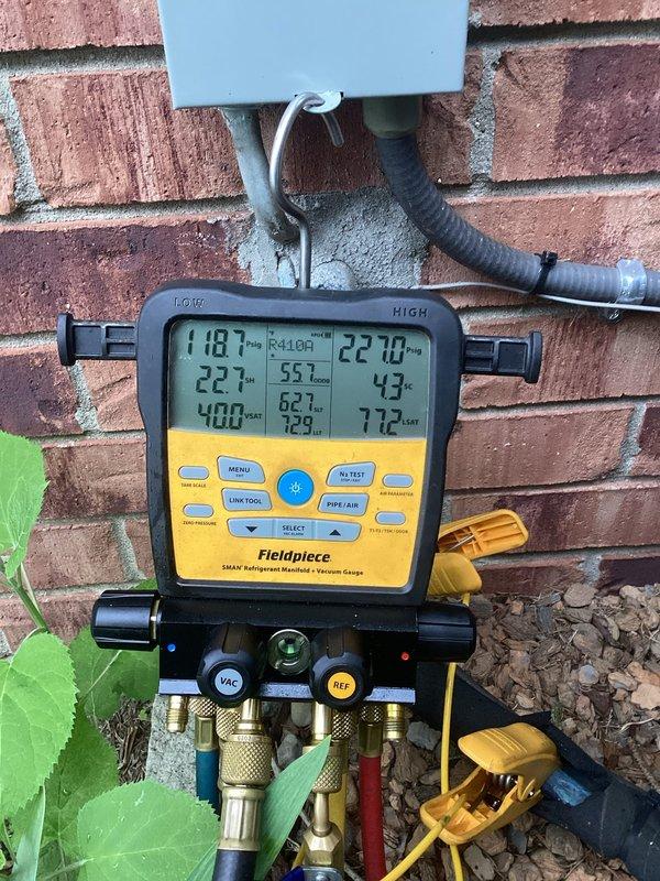 Completed routine Air Care Maintenance on cooling system. Installed new MERV 11 filter as needed, verified thermostat operation showing 73°F room temperature with system in cooling mode, and performed diagnostic testing with manifold gauges confirming proper refrigerant pressures and temperatures. System operating within normal parameters.