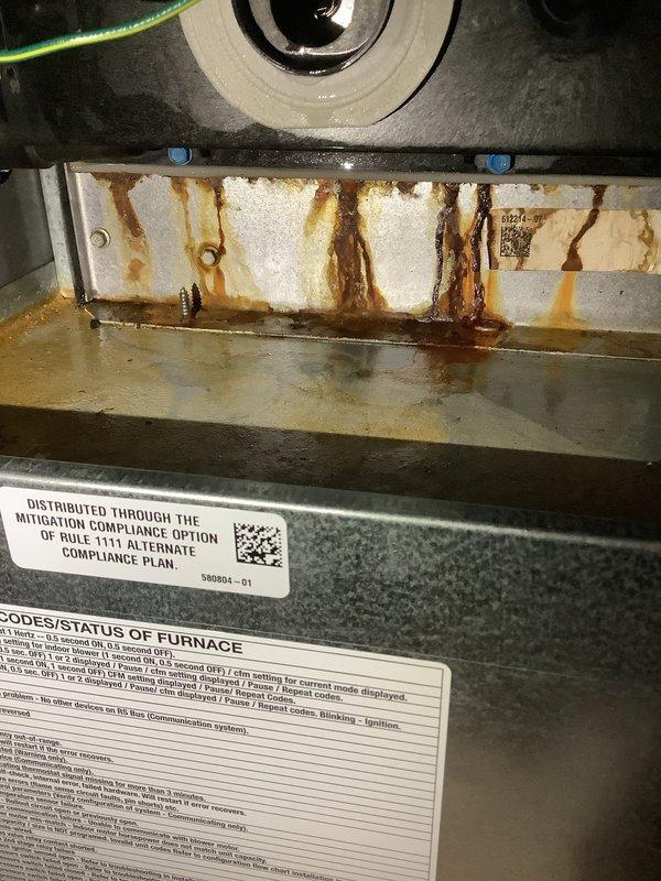 Responded to service call for thermostat experiencing WiFi connectivity issues and static display, though heating function remained operational. Upon arrival, performed diagnostic evaluation of thermostat and HVAC system. Inspection revealed significant water damage and corrosion within the air handler unit, including extensive rust staining on the drain pan and interior metal surfaces, indicating long-term moisture intrusion. The condensate drainage system showed signs of compromised integrity with standing water present in collection areas. Assessed thermostat wiring and connections for moisture exposure that could contribute to static display and connectivity problems. Documented equipment condition with photographic evidence showing deteriorated drain pan, corroded metal components, and compromised insulation material. Advised of underlying moisture issues requiring attention to prevent further equipment degradation and potential electrical complications affecting thermostat perfor