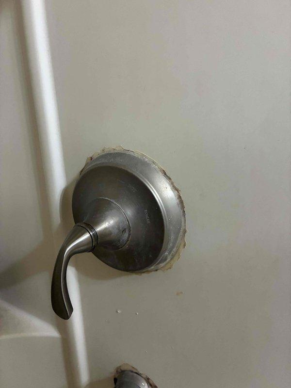 Responded to no hot water complaint at shower fixture. Upon inspection, identified isolation issue preventing hot water flow to shower valve while other fixtures maintained proper hot water supply. Inspected shower mixing valve with brushed nickel trim and lever handle, noting wall discoloration around escutcheon indicating potential long-term moisture exposure. Diagnosed faulty shower cartridge preventing hot water delivery to showerhead while tub spout and other bathroom fixtures operated normally. Replaced defective valve cartridge, tested hot water flow, and verified proper temperature mixing at shower fixture.