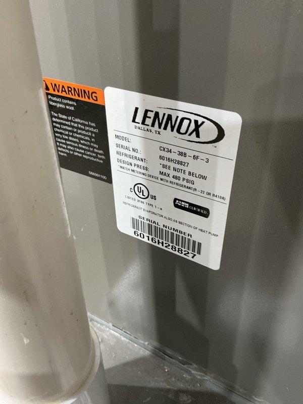 Completed annual cooling maintenance on Lennox CX34-38B-6F-3 condenser unit. Performed comprehensive system inspection, cleaned condenser coils and exterior cabinet, replaced air filter, and verified proper refrigerant levels and electrical connections. Unit tested and operating within manufacturer specifications.