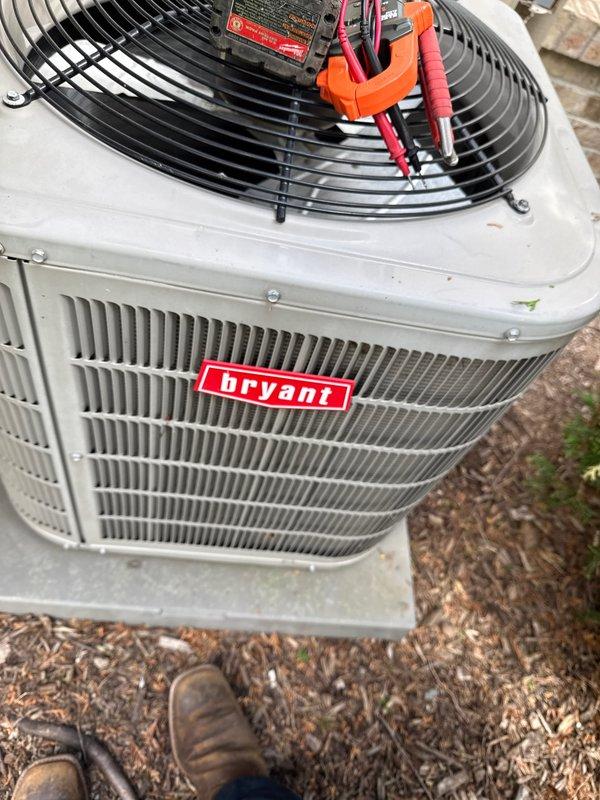 Completed annual cooling maintenance on Bryant residential air conditioning system. Performed comprehensive system diagnostics using electrical testing equipment to verify proper operation of condenser unit, checked refrigerant levels and electrical connections, inspected fan motor and compressor functionality, and replaced air filter and evaporative cooling pad as needed. All components tested within normal operating parameters and unit is ready for cooling season.