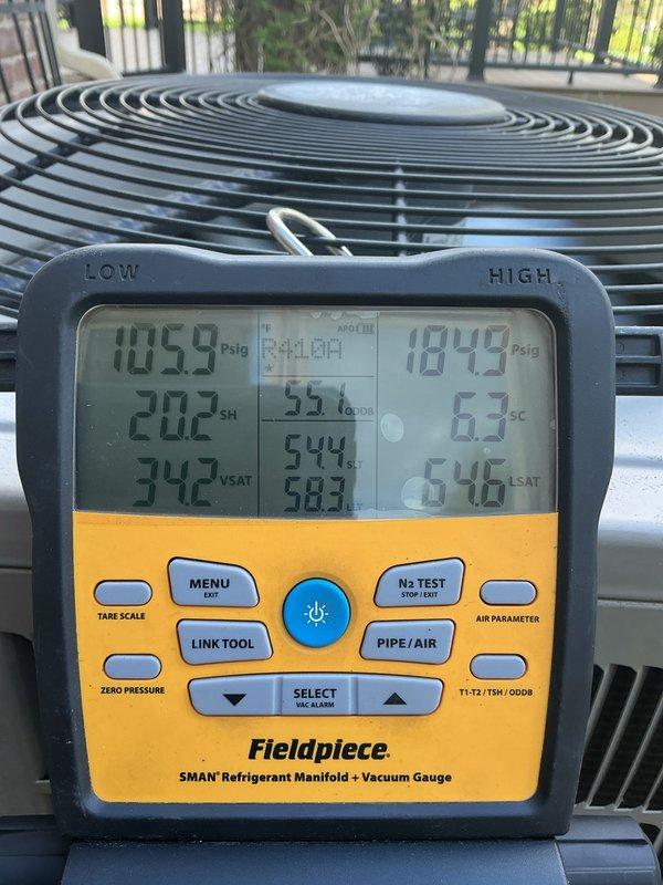 # HVAC Maintenance - ACM Completed

Performed annual cooling maintenance on residential air conditioning system. Conducted comprehensive system evaluation including refrigerant pressure and temperature analysis using digital manifold gauges. Recorded operating pressures of 10.59 psig on low side and 1049 psig on high side, with corresponding saturation temperatures measured at 34.2°F and 54.6°F respectively. Verified system vacuum integrity at 544 microns. Inspected outdoor condenser unit for proper operation, confirming adequate airflow through coil fins and proper fan function. Unit positioned on concrete pad with appropriate clearances maintained from structure and surrounding vegetation. All components operating within normal parameters upon completion of preventive maintenance service.