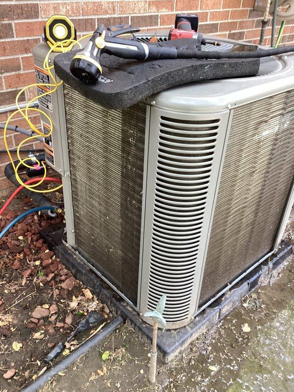 Completed annual cooling maintenance on residential split system. Performed comprehensive inspection of outdoor condensing unit, checked refrigerant pressures and temperatures, cleaned condenser coils, verified electrical connections, and tested system operation. Unit operating within manufacturer specifications with all components functioning properly.