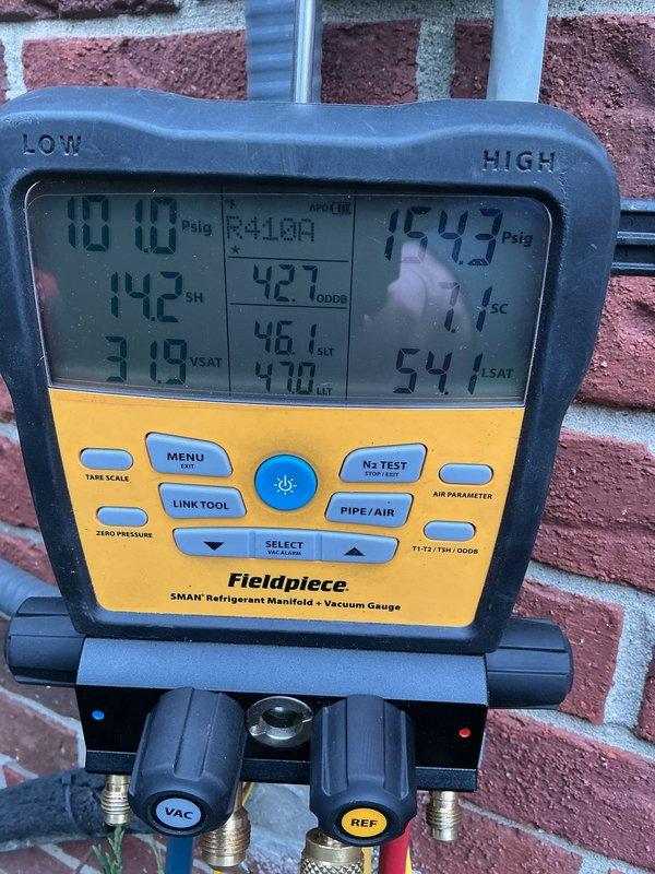 Completed annual cooling maintenance on outdoor condensing unit. Removed access panels and inspected internal components, finding accumulated dirt and debris on condenser coils. Cleaned coils and internal framework to restore proper airflow and heat transfer efficiency. Connected refrigerant manifold gauges to service ports and performed system diagnostics, recording operating pressures and temperatures to verify proper refrigerant charge and system performance. All readings confirmed unit operating within manufacturer specifications upon completion of maintenance procedures.