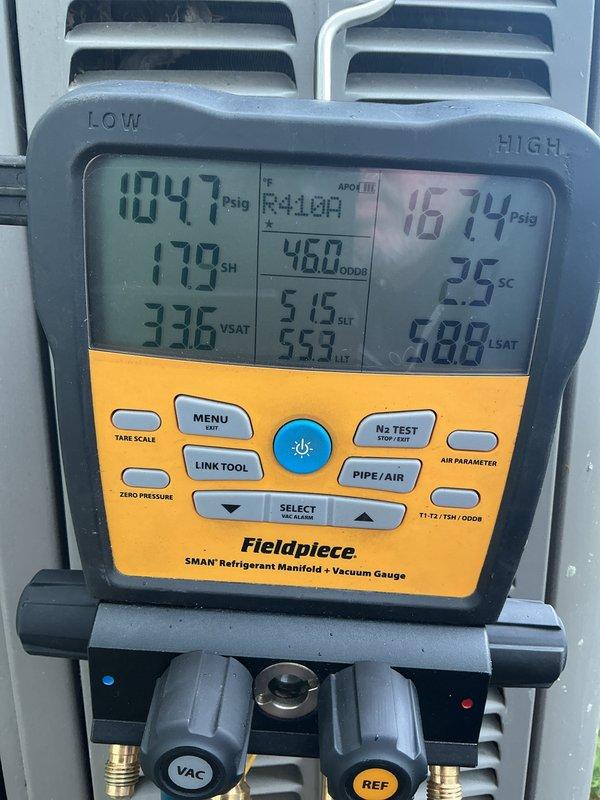 Completed annual cooling maintenance on residential air conditioning system. Upon arrival, performed comprehensive system evaluation including refrigerant pressure analysis using digital manifold gauges, which revealed superheat at 17.0°F and subcooling at 2.5°F. Outdoor condensing unit showed significant dirt and debris accumulation on exterior surfaces. Cleaned condenser coil, replaced air filter as needed, and verified system operating parameters were within manufacturer specifications. Unit operational upon completion.