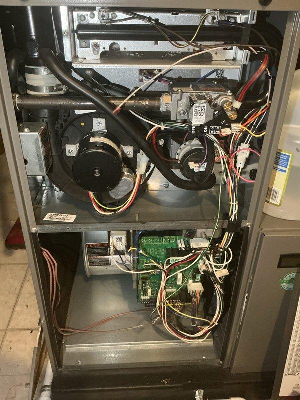Completed annual HVAC maintenance and air handler cleaning on residential furnace system. Performed comprehensive inspection of all internal components including blower motor assembly, gas valve connections, control boards, and electrical wiring harnesses. Replaced air filter and humidifier pad as requested, verified proper operation of all mechanical and electrical systems, and confirmed unit is functioning within manufacturer specifications.