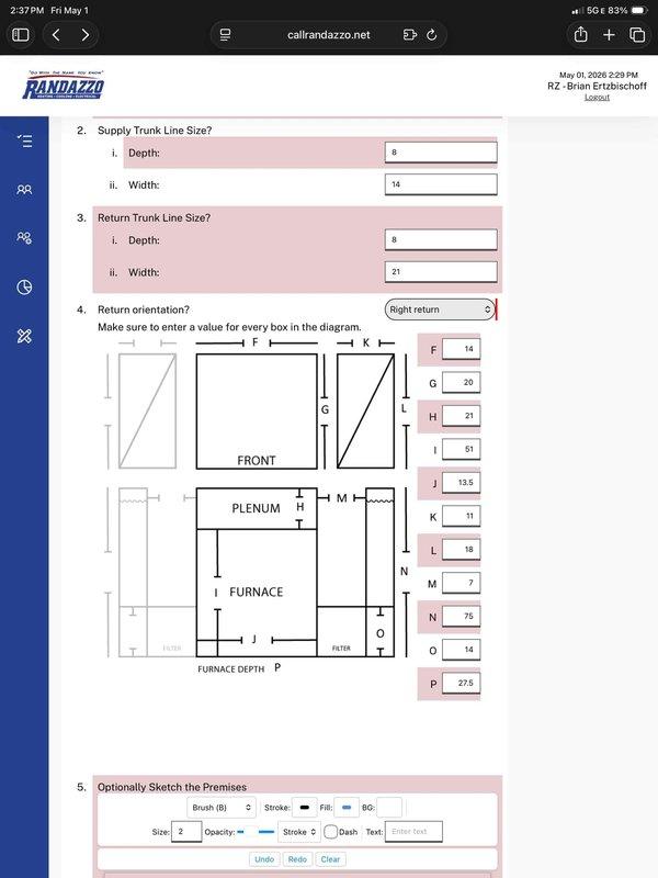 Conducted comprehensive HVAC replacement estimate for 20-30 year old basement system with non-operational air conditioning unit and functioning natural gas furnace. Documented existing ductwork configuration including 8x14 supply trunk line and 8x21 return trunk line with right return orientation, assessed plenum layout and clearances around existing equipment including water heater proximity, and photographed current installation conditions to provide accurate replacement specifications for new furnace and air conditioning system.