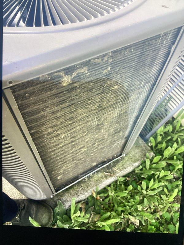 Performed annual cooling maintenance on outdoor condensing unit. Inspected condenser coils and found moderate to heavy accumulation of dirt, dust, and debris throughout the fins. Cleaned condenser coils to restore proper airflow and heat transfer efficiency. Trimmed back vegetation encroaching on unit perimeter to maintain adequate clearance for optimal operation and serviceability. Verified unit operation and confirmed system functioning properly upon completion.
