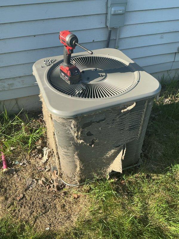 Completed ComfortGuard Maintenance Package on residential air conditioning system. Performed standard maintenance procedures including filter replacement as requested, conducted visual inspection of outdoor condenser unit which revealed extensive exterior corrosion, rust damage, and deteriorating cabinet panels with compromised protective coating. Unit remains operational but exterior casing shows significant weathering and material degradation that may require future attention to prevent further deterioration of internal components.