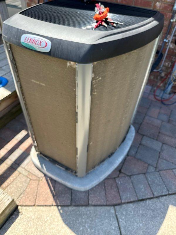 Completed annual cooling maintenance on Lennox outdoor condensing unit. Performed routine inspection of equipment exterior, verified unit positioning on equipment pad, and assessed overall system condition. Filter and evaporative cooler pad replacement required and noted for service completion.