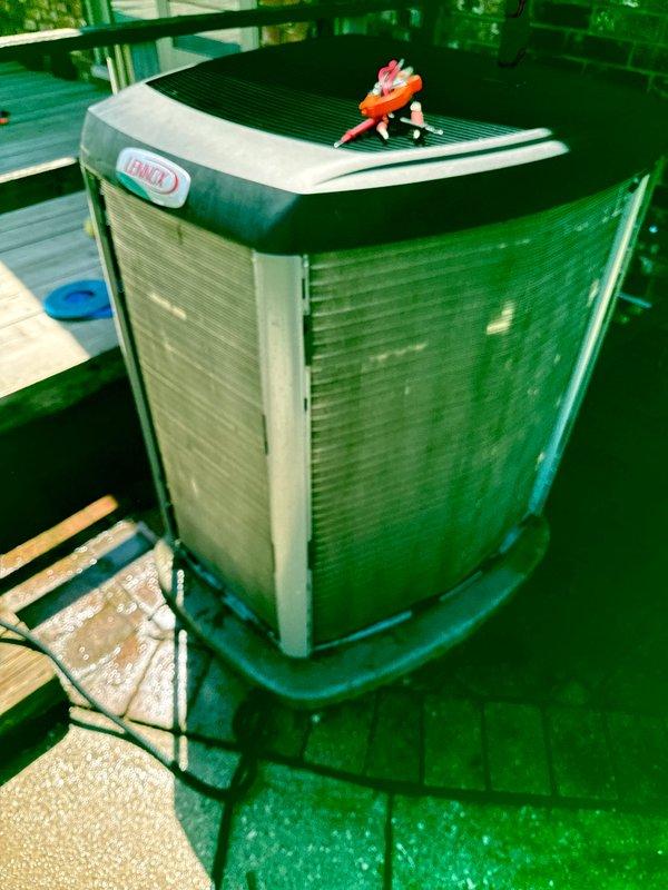 Completed annual cooling maintenance on Lennox outdoor condensing unit. Performed routine inspection of equipment exterior, verified unit positioning on equipment pad, and assessed overall system condition. Filter and evaporative cooler pad replacement required and noted for service completion.