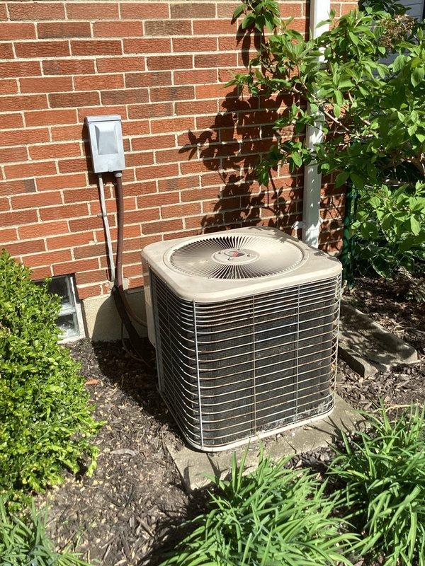 Responded to service call for 20-year-old outdoor A/C unit not cooling properly. Upon arrival, found significant debris accumulation around condenser base including leaves, grass clippings, and organic material restricting airflow. Observed exposed and disorganized electrical wiring at contactor with multiple wire loops present. Cleared all debris from around unit perimeter and base. Inspected condenser coils, electrical connections, and condensate drain line. Unit located on concrete pad against brick exterior wall with adequate clearance from surrounding vegetation. Performed diagnostic evaluation and discussed findings with homeowner regarding system age and performance concerns. No warranties apply to parts or labor on this legacy equipment.