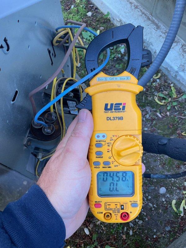 Performed scheduled maintenance on air conditioning unit. Conducted electrical diagnostics using clamp meter to verify amperage readings on outdoor condensing unit, measuring current draw on multiple circuits including compressor and condenser fan motor. All electrical readings were within manufacturer specifications. System operating normally upon completion of maintenance visit.