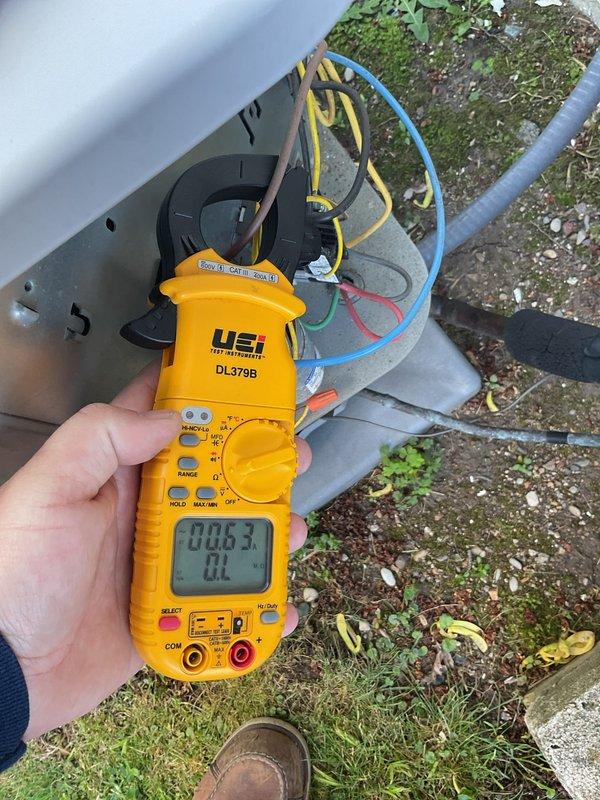 Performed scheduled maintenance on air conditioning unit. Conducted electrical diagnostics using clamp meter to verify amperage readings on outdoor condensing unit, measuring current draw on multiple circuits including compressor and condenser fan motor. All electrical readings were within manufacturer specifications. System operating normally upon completion of maintenance visit.