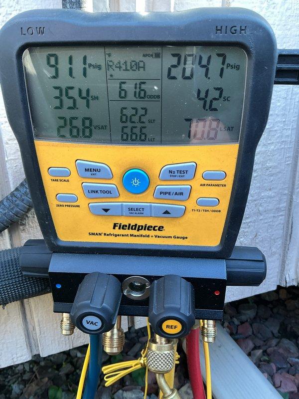 Completed annual cooling maintenance on residential air conditioning system. Performed system diagnostics using refrigerant manifold gauges to verify proper refrigerant pressures, superheat, and subcooling levels. Replaced air filters and evaporator pads, and performed spot cleaning of condenser unit exterior and coils to ensure optimal airflow and system efficiency.