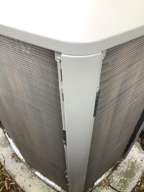 Completed comprehensive three-year Air Care Cooling maintenance on two outdoor condenser units. Performed standard ACM procedures including inspection of both units, noting accumulated dirt and debris on heat exchanger coil fins and exterior surfaces. Documented equipment condition with photos showing environmental exposure, weathering on concrete pad with moss/algae growth, and need for continued monitoring of coil cleanliness to maintain optimal system efficiency.