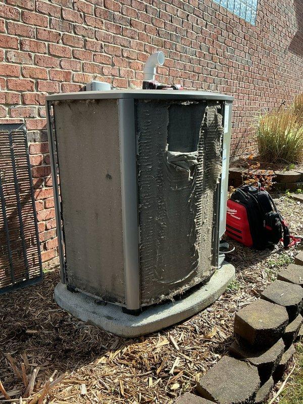 Completed scheduled Air Care Cooling maintenance on outdoor condenser unit. Performed comprehensive inspection of unit exterior, cabinet panels, and condensate drain system. Unit showed normal weathering and dirt accumulation consistent with outdoor exposure; all components functioning within normal parameters at time of service.