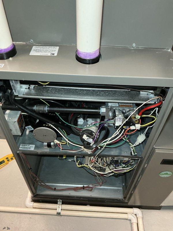 Completed ComfortGuard Maintenance Package on air handling unit per customer request. Performed comprehensive inspection of furnace system, including examination of heat exchanger, gas valve assembly, blower motor, electrical connections, and condensate drain system. All internal components were assessed for proper operation, wiring connections were verified secure, and unit was found to be functioning within normal parameters with typical operational dust accumulation present.