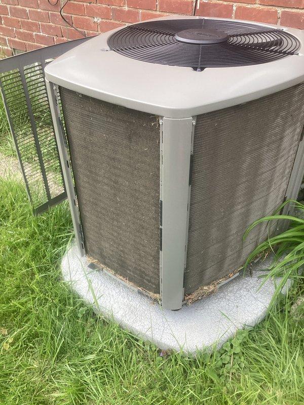Completed scheduled maintenance on residential air conditioning system. Performed system diagnostics using digital manifold gauges to verify refrigerant pressures and temperatures across all zones. Inspected outdoor condensing unit, noting normal operational wear on heat exchanger coils and cabinet components. Replaced air filters and evaporative cooling pads as part of routine maintenance protocol to maintain optimal system efficiency and air quality.