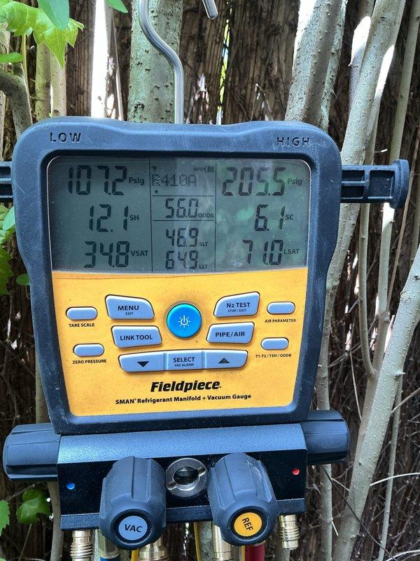 Completed annual cooling maintenance on residential air conditioning system. Performed comprehensive inspection of outdoor condensing unit, verified refrigerant pressures and temperatures using digital manifold gauge set, replaced furnace filters, and confirmed system operating within manufacturer specifications. All components tested and system left in proper working condition.