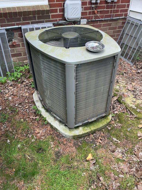 Completed routine maintenance on two air conditioning condenser units as part of recurring service agreement. Replaced two air filters per system requirements and performed standard ACM inspection protocols. Units showed signs of outdoor weathering with algae growth on concrete pads and equipment surfaces, though all systems remained operational throughout service visit.