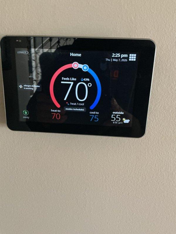 Completed annual cooling maintenance on Lennox HVAC system. Performed comprehensive system diagnostics including electrical measurements at air handler, verified proper voltage and amperage readings. Inspected thermostat operation and confirmed accurate temperature control, humidity monitoring, and scheduling functions displaying correctly. Noted filter replacement needed and documented equipment condition with photos. System operating within normal parameters at time of service.