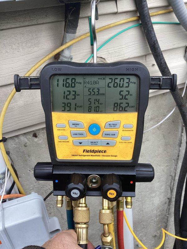 Completed annual cooling maintenance on residential AC system. Performed system diagnostics using manifold gauges, verified R410A refrigerant pressures and temperatures within manufacturer specifications, inspected condensing unit exterior condition, and documented equipment operation with pressure readings of 116.8 psi low side and 260.3 psi high side at 123°F ambient temperature.