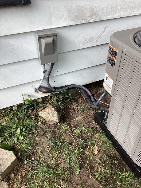 Completed full HVAC system installation including a 70,000 BTU furnace and 2-ton air conditioning unit with rear placement configuration. Installed new dedicated electrical circuit with disconnect box and proper conduit routing to exterior condenser unit. Secured all ductwork connections with fire-resistant tape, obtained mechanical and electrical permits, and verified system operation upon completion.