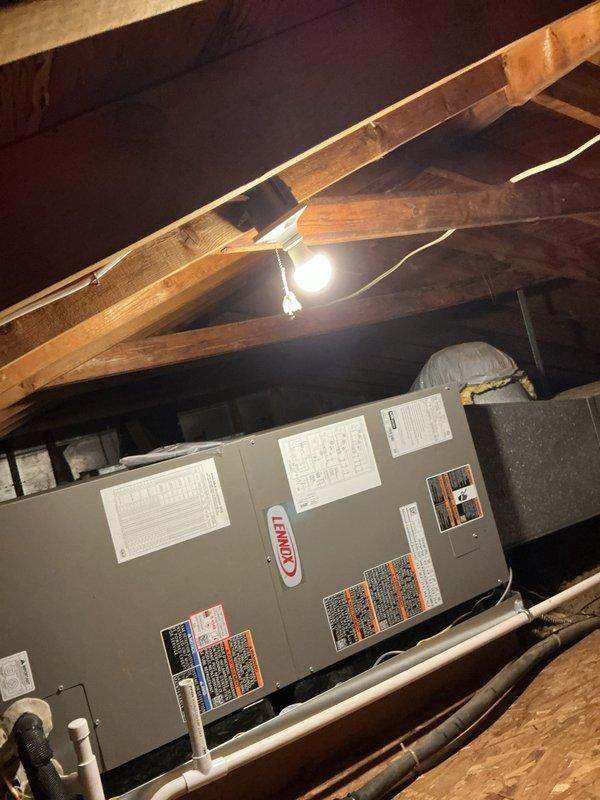 Completed full HVAC system installation in attic space, including installation of new Lennox 3.5-ton air handler unit positioned on attic platform. Installed new dedicated electrical circuit to power the air handler per code requirements. Routed and secured insulated flexible ductwork from air handler throughout attic space with proper sealing at all connection points. Configured condensate drainage system with PVC piping for proper moisture removal. All mechanical and electrical permits were obtained prior to installation. System was installed per manufacturer specifications and tested for proper operation upon completion.
