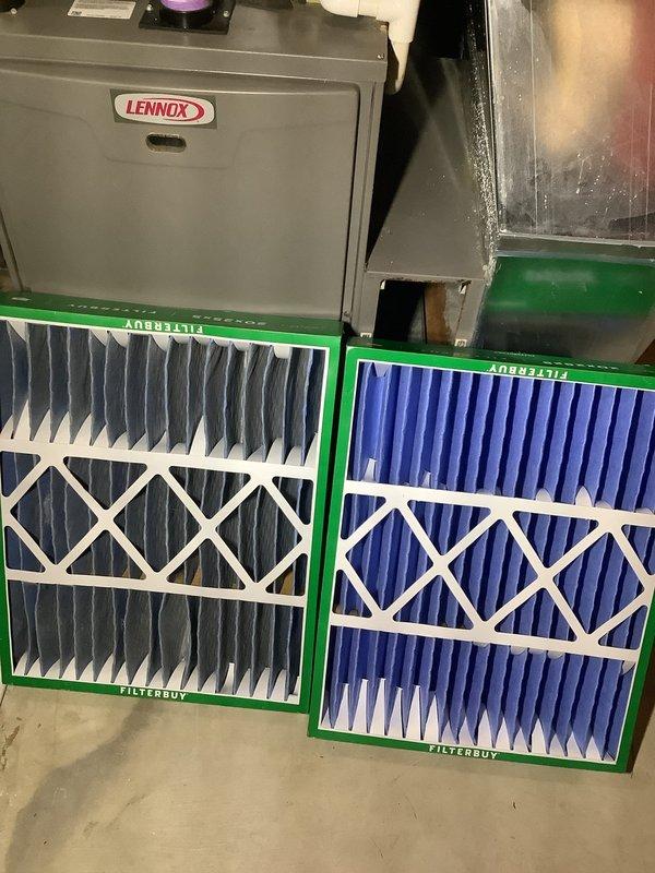 Completed annual HVAC maintenance inspection on Lennox air handler unit. Evaluated system operation, documented temperature readings showing 27.5°F at supply ductwork, and photographed existing Filterbuy filters with X-brace support for maintenance records. Unit operating within normal parameters with no filter replacement required at this time.