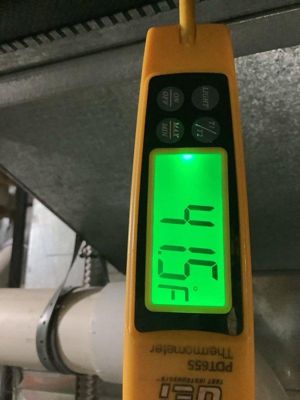 Completed annual HVAC maintenance inspection on Lennox air handler unit. Evaluated system operation, documented temperature readings showing 27.5°F at supply ductwork, and photographed existing Filterbuy filters with X-brace support for maintenance records. Unit operating within normal parameters with no filter replacement required at this time.