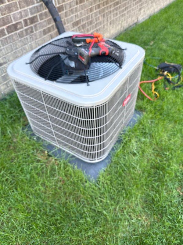 Completed annual preventative maintenance on residential air conditioning system. Performed comprehensive inspection of outdoor condenser unit, checked refrigerant pressures using manifold gauges, verified fan motor operation, and ensured all electrical connections were secure. Unit operating within normal parameters with no issues identified.